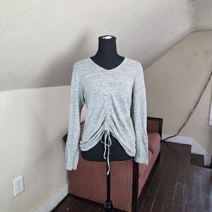 Veronica Beard Jeans Linen Top L Gray Ruched Drawstring Long Sleeve V-Neck